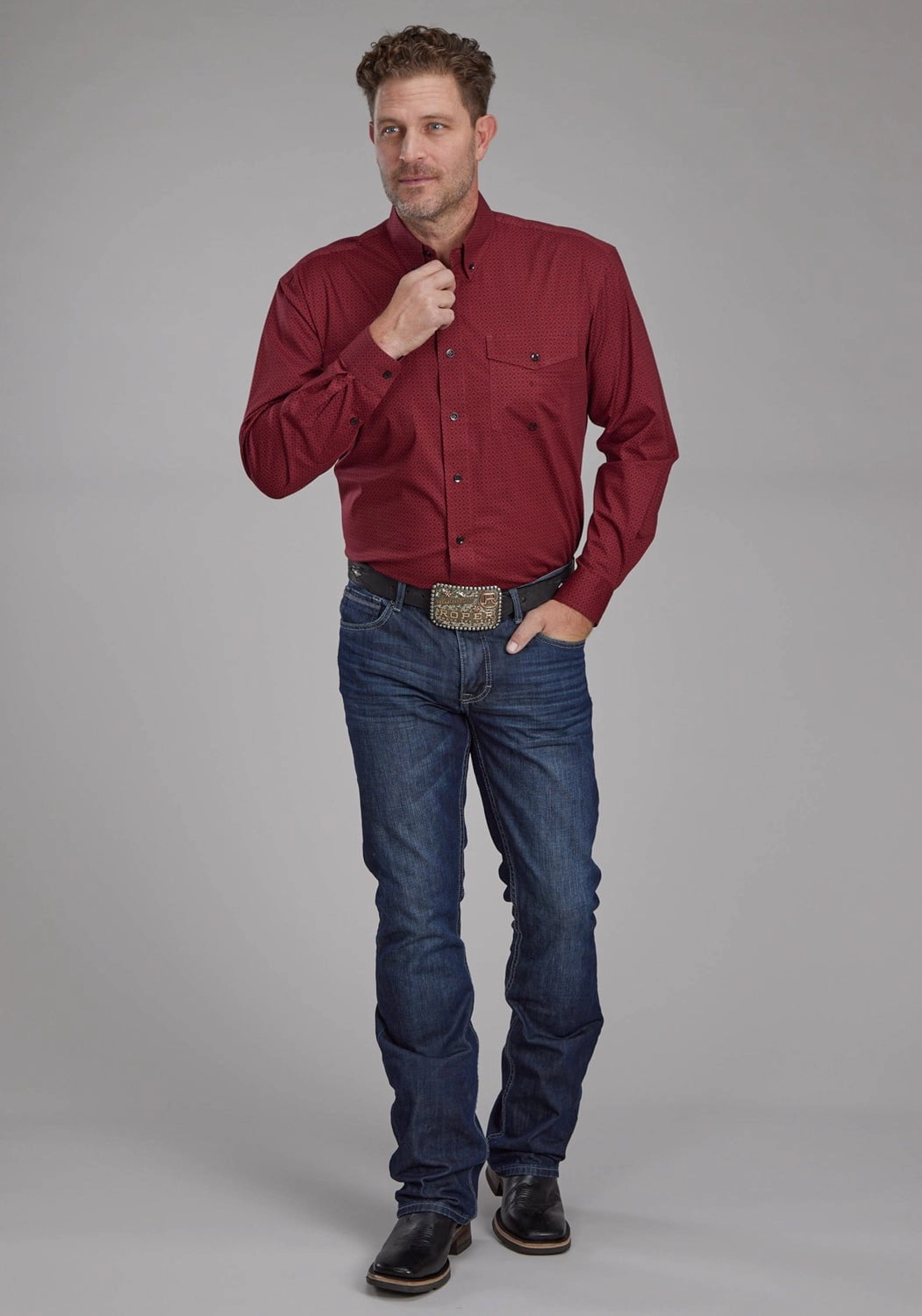 Roper Mens 2163 Diamond Stretch Red Cotton Blend Btn L/S Shirt Bold Prints Outdoor Adventure