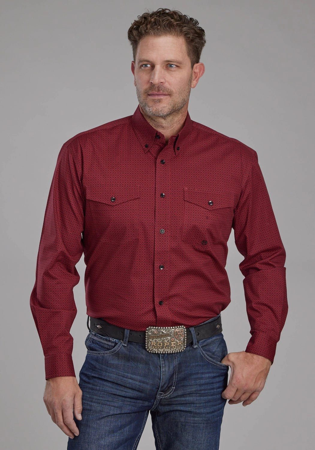 Roper Mens 2163 Diamond Stretch Red Cotton Blend Btn L/S Shirt Wrinkle-Free