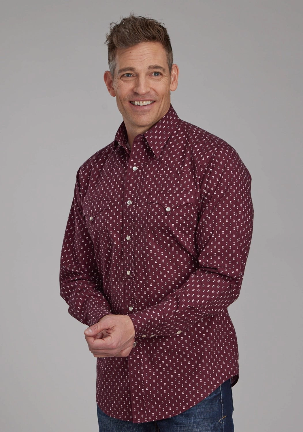 Roper Mens 2174 Arrow Print Red 100% Cotton L/S Shirt Tailored Cut