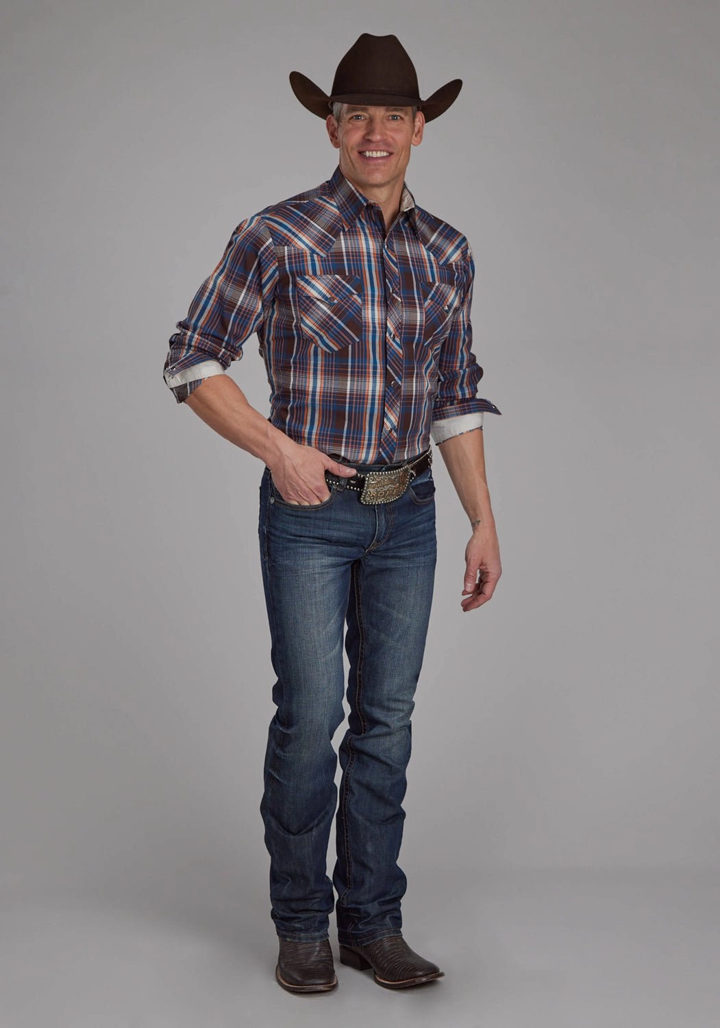 Roper Mens 2176 Arrow Dobby Brown/Blue 100% Cotton L/S Shirt Non Restrictive Armhole