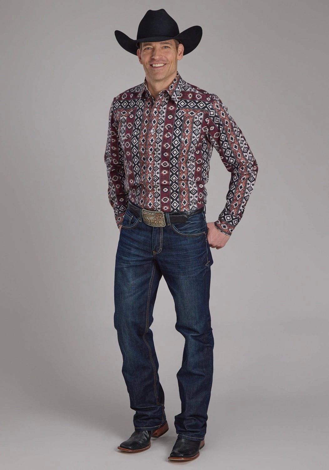 Comfortable Wear Bold Prints Roper Mens 2178 Winter Aztec Burgundy 100% Cotton L/S Shirt