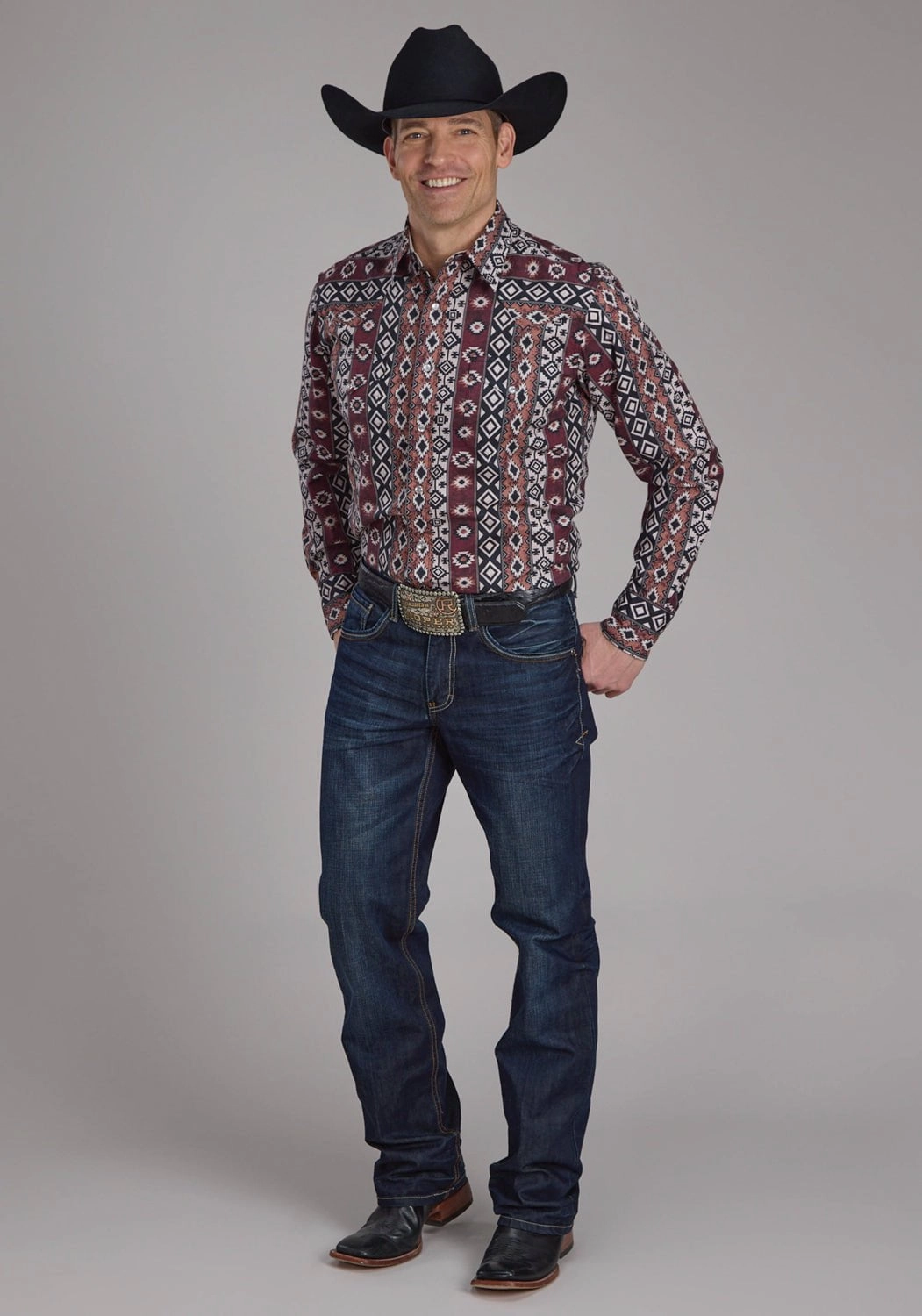 Roper Mens 2178 Winter Aztec Burgundy 100% Cotton L/S Shirt Casual Hangout