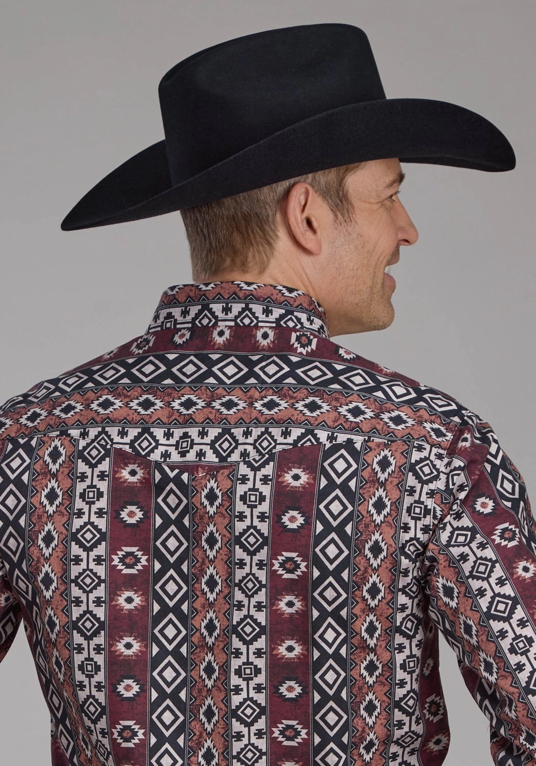 Laser Cut Edge Detail Smooth Seam Finish Roper Mens 2178 Winter Aztec Burgundy 100% Cotton L/S Shirt