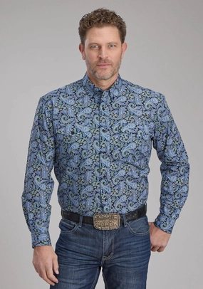 Trendy Outfit Snag Resistant Fabric Roper Mens 2239 Cobalt Paisley Blue 100% Cotton Btn L/S Shirt