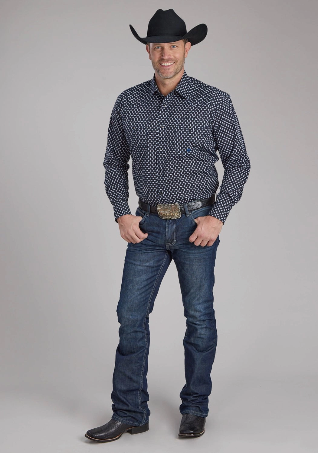 Roper Mens 2240 Diamonds Black 100% Cotton Tall L/S Shirt Hooded Option