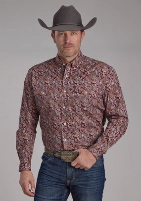 Layered Collar Roper Mens 2242 Sangria Paisley Wine 100% Cotton Btn L/S Shirt