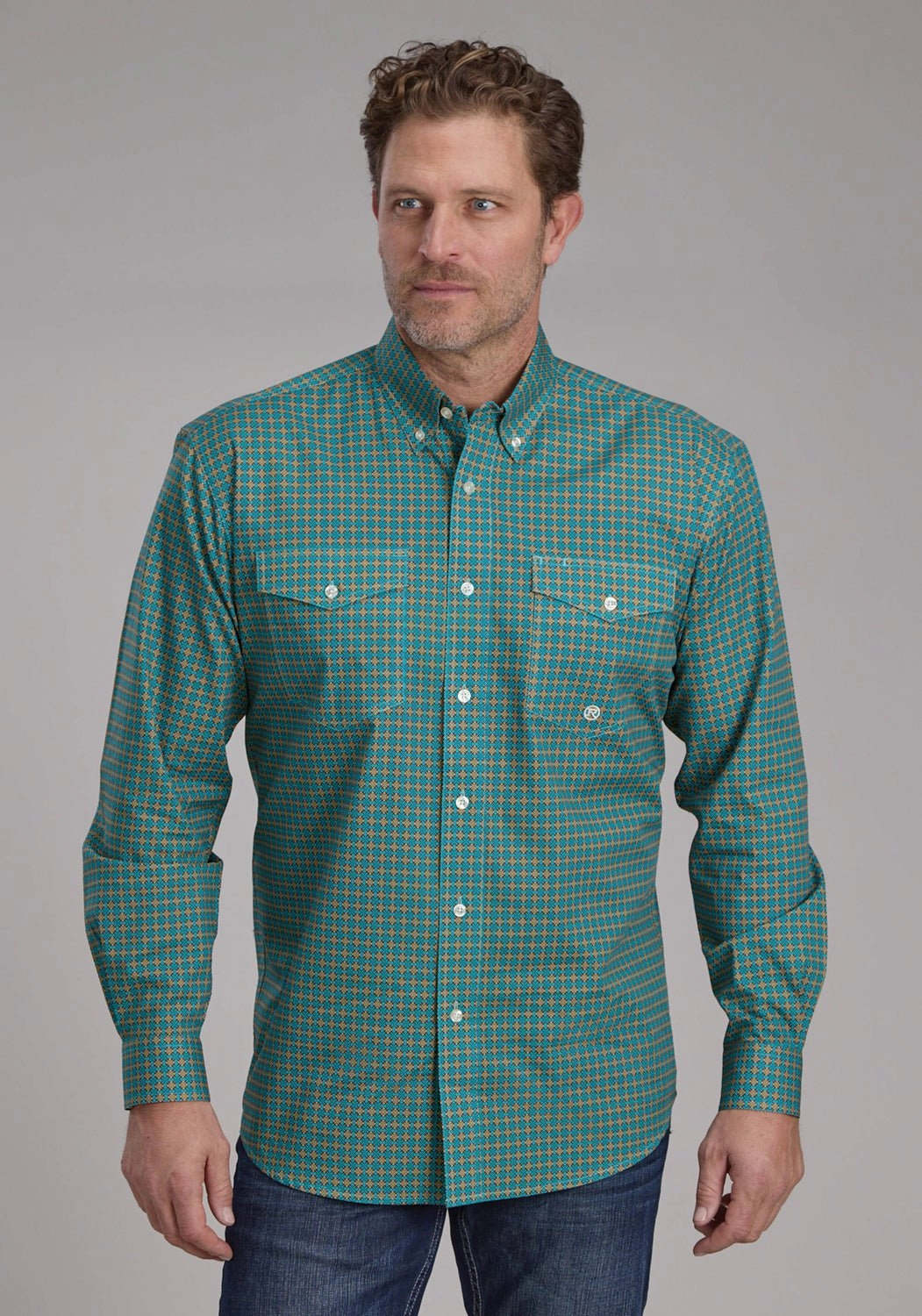 Corporate Wear Roomy Cut Roper Mens 2244 Castile Foulard Turquoise 100% Cotton Btn L/S Shirt