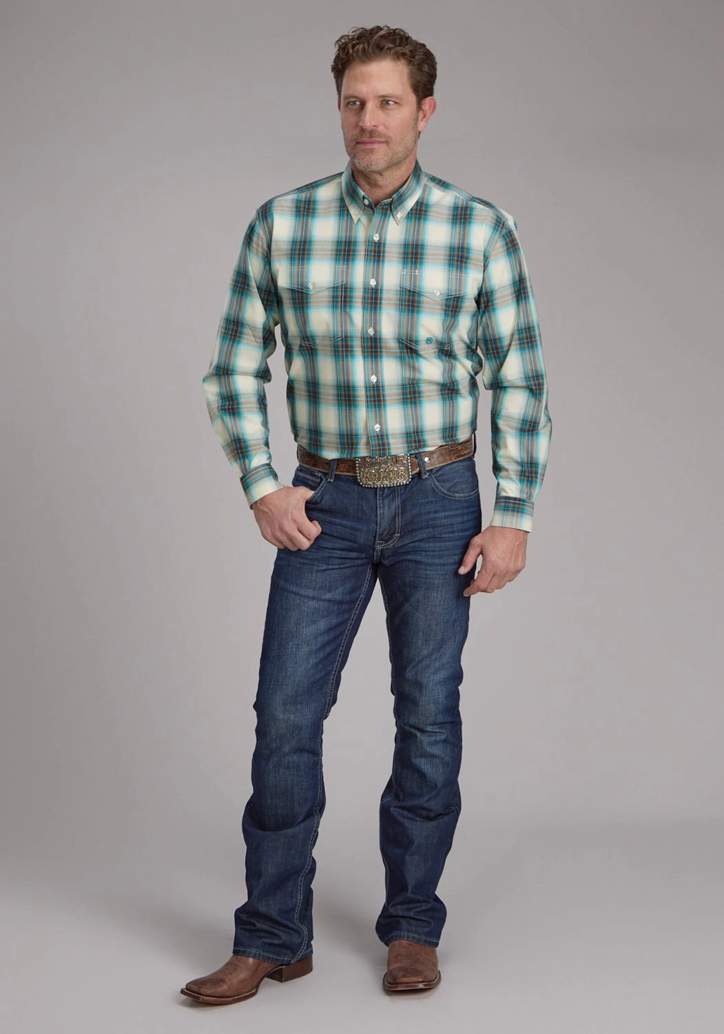 Roper Mens 2245 Taos Ombre Plaid Brown 100% Cotton Btn L/S Shirt Outdoor Gear Wrinkle Resistant Finish