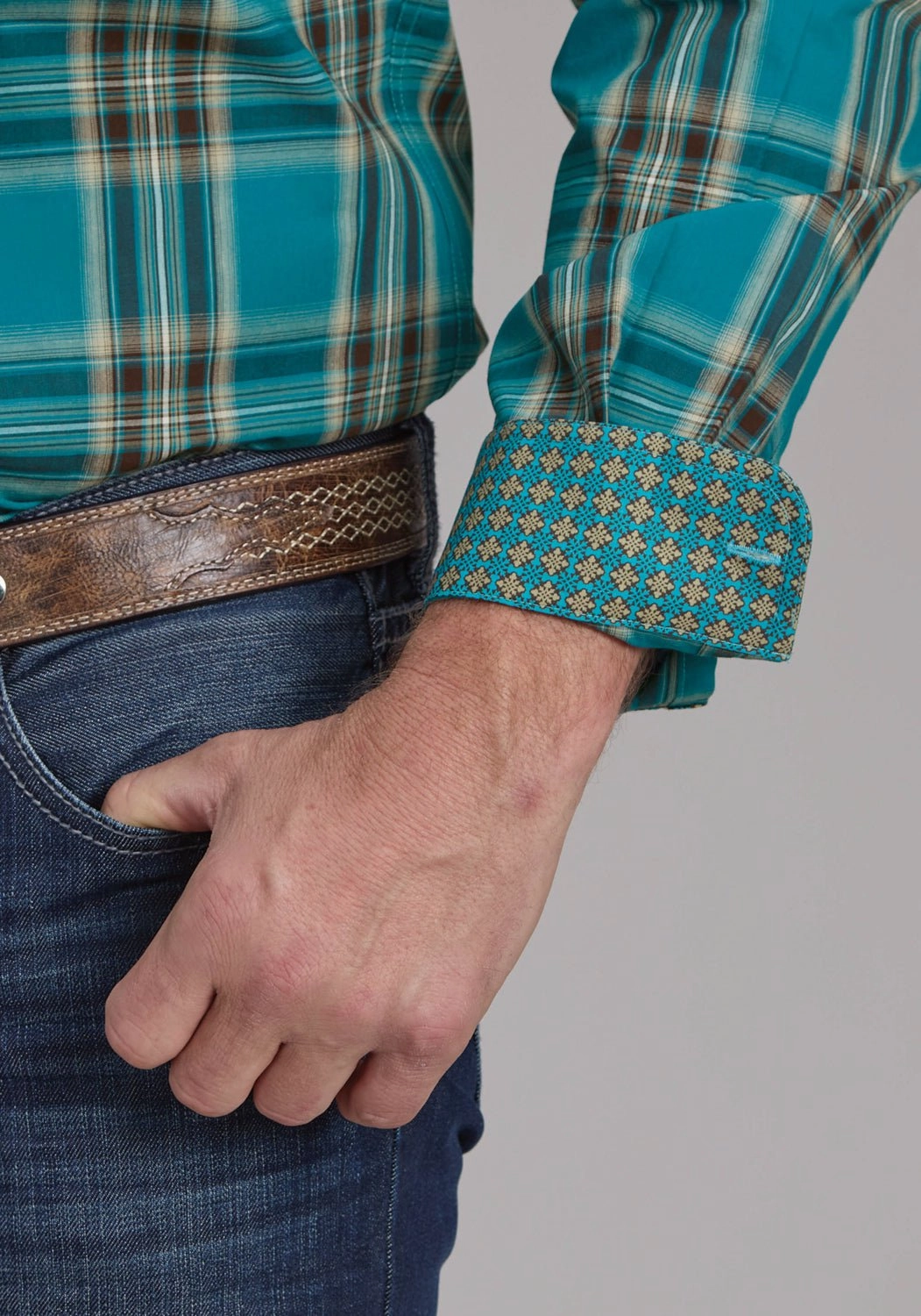 Roper Mens 2246 Real Plaid Teal 100% Cotton 1 Pkt L/S Shirt Tuckable Hem