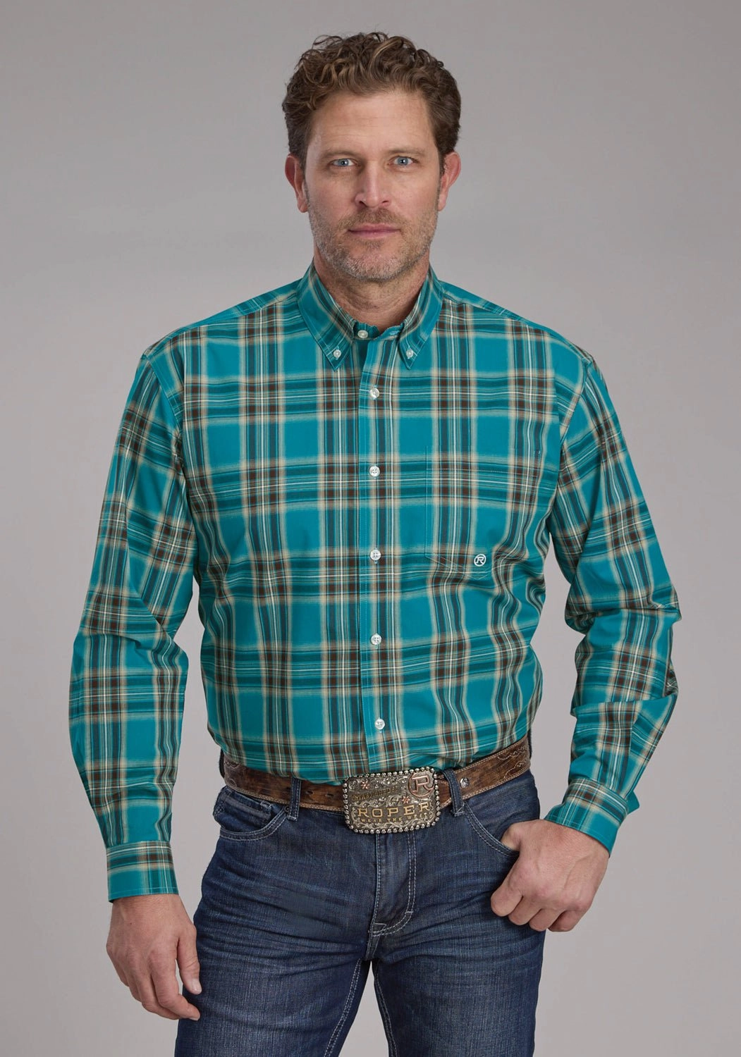 Roper Mens 2246 Real Plaid Teal 100% Cotton 1 Pkt L/S Shirt Thermal Regulation Fabric Wrinkle Free Care