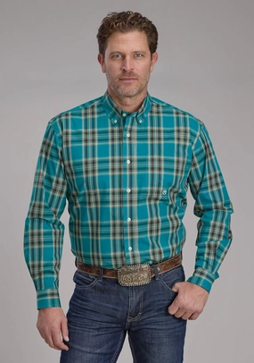 Roper Mens 2246 Real Plaid Teal 100% Cotton 1 Pkt L/S Shirt Thermal Regulation Fabric Wrinkle Free Care