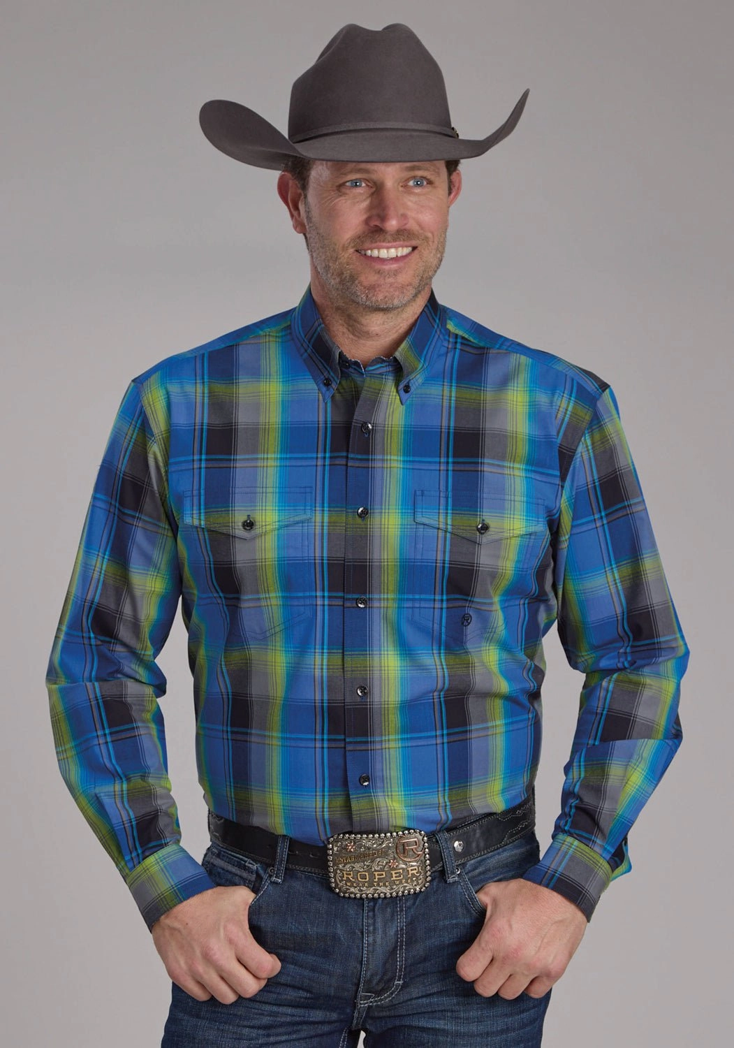 Roper Mens 2247 Cobalt Plaid Blue 100% Cotton Btn L/S Shirt Fitted Design