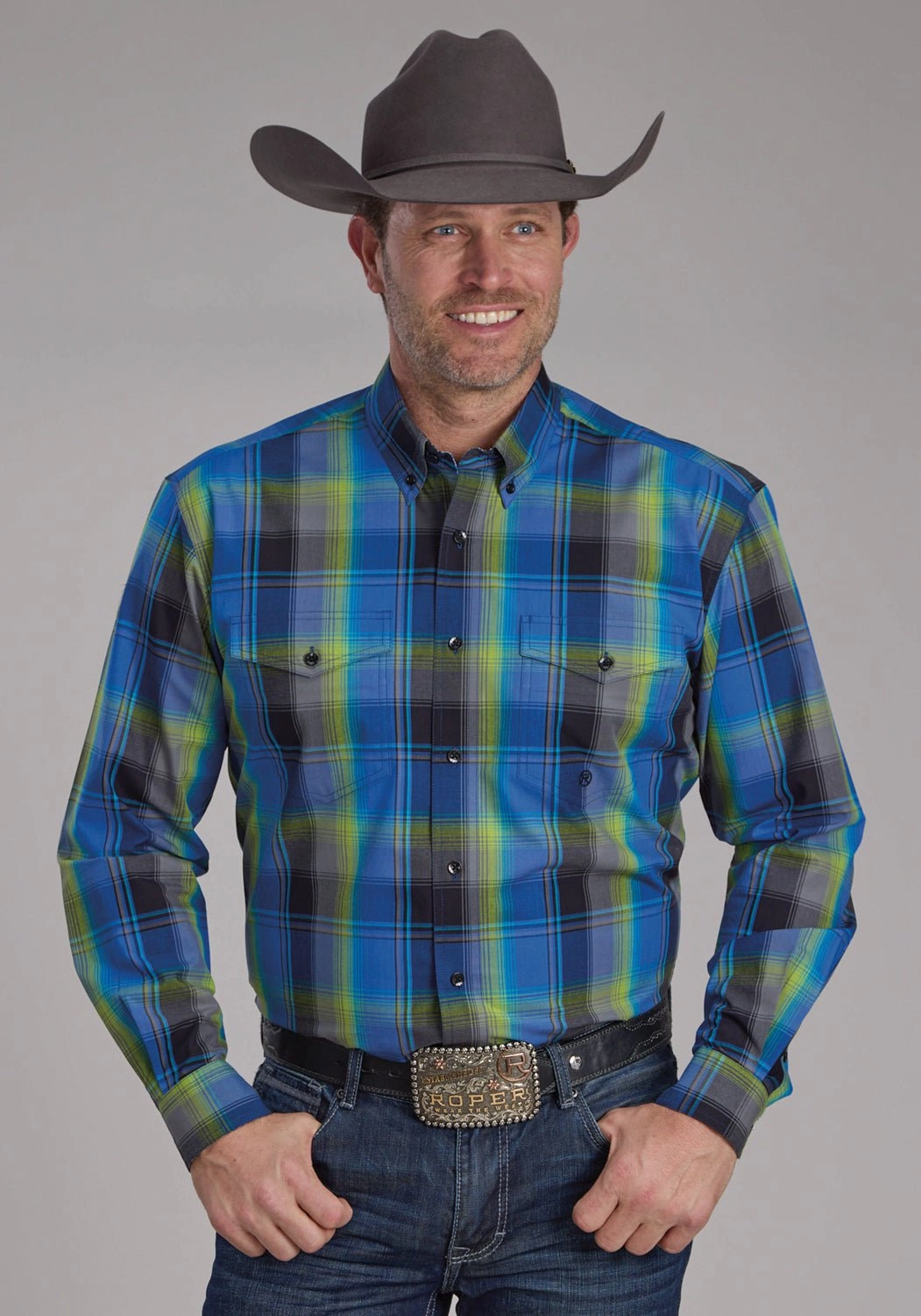 Roper Mens 2247 Cobalt Plaid Blue 100% Cotton Btn L/S Shirt Classic Design Non Iron Fabric