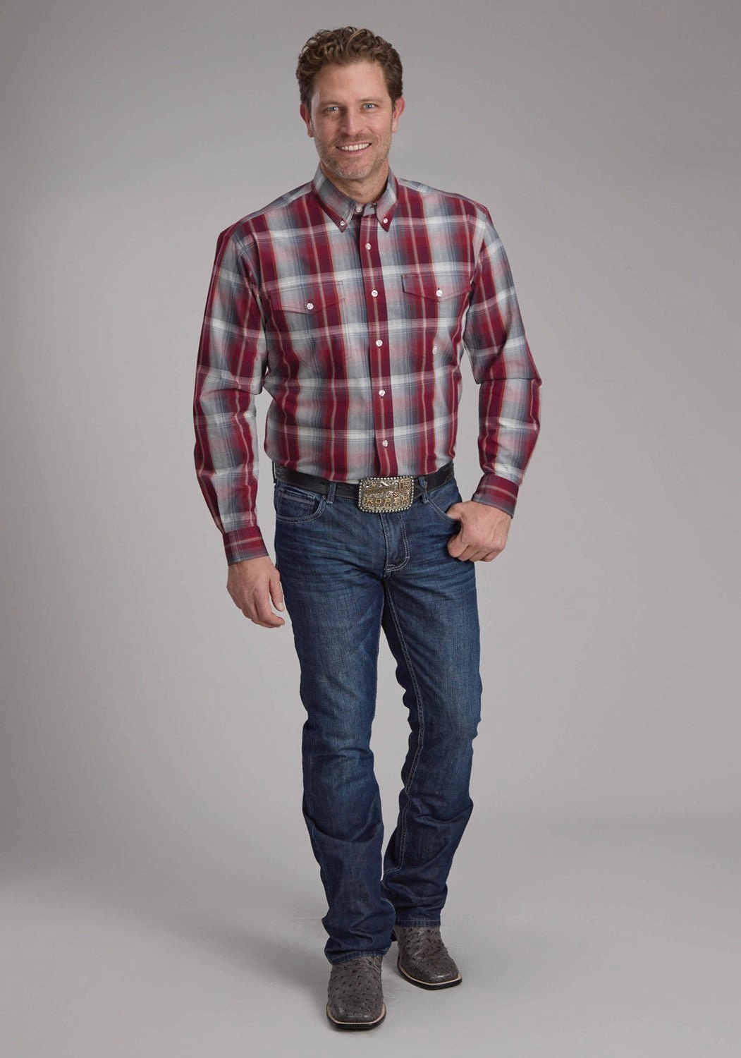 Luxurious Feel Linen blend Roper Mens 2248 Plaid Wine/Smoke 100% Cotton Btn L/S Shirt