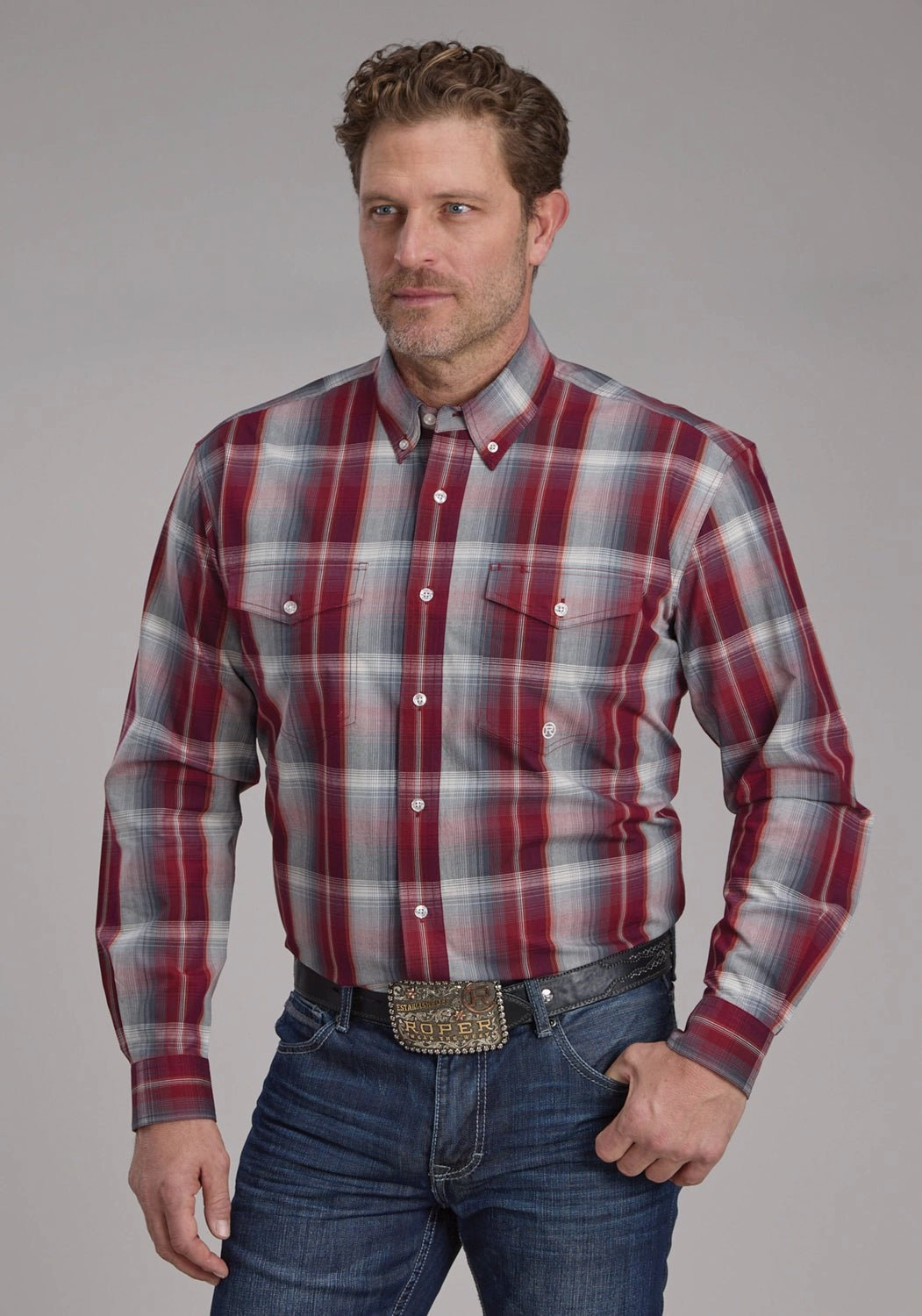 Roper Mens 2248 Plaid Wine/Smoke 100% Cotton Btn L/S Shirt Sustainable Material