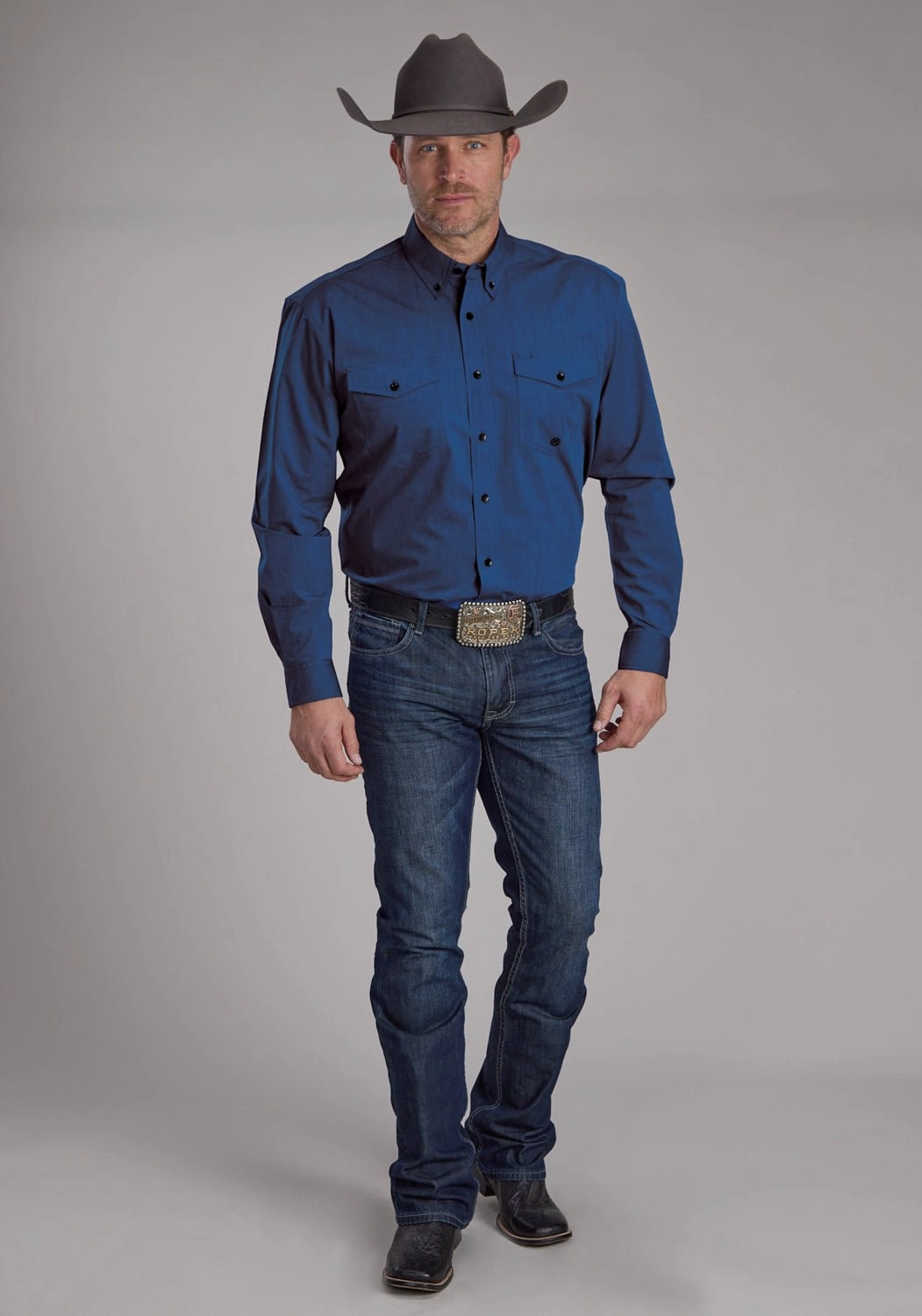 Roper Mens 2249 Black Fill Blue 100% Cotton Btn L/S Shirt Winter Comfort