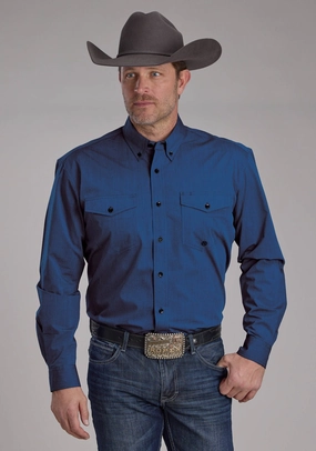 Roper Mens 2249 Black Fill Blue 100% Cotton Btn L/S Shirt Custom Fit