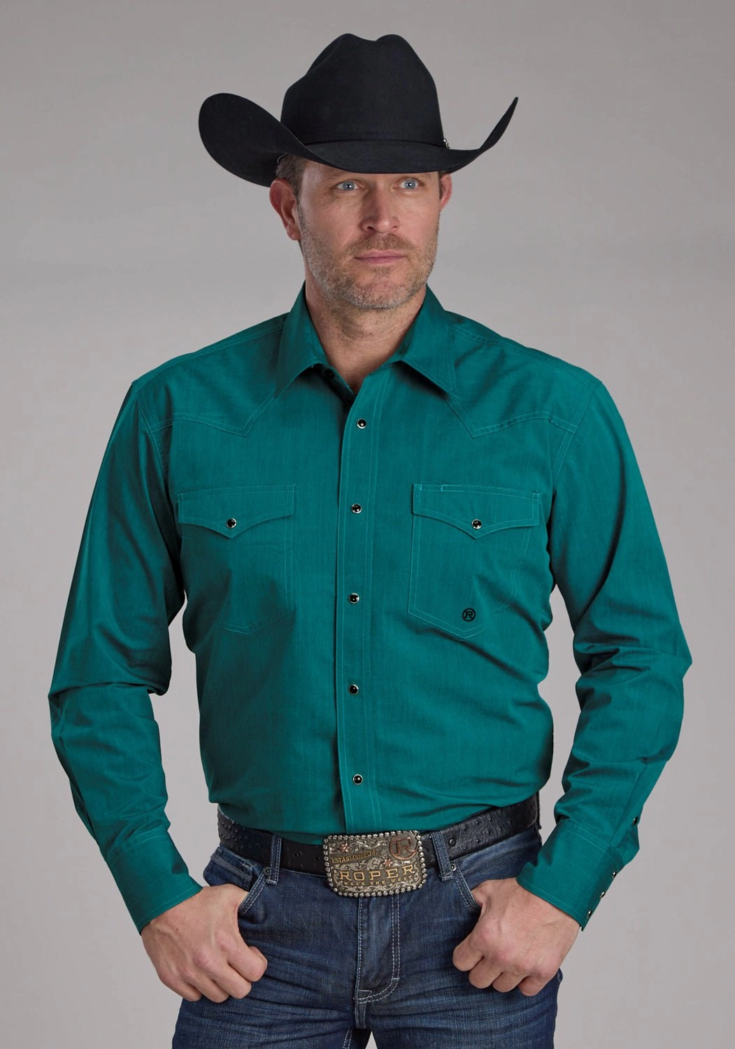 handmade touch Weekend Casual Roper Mens 2249 Black Fill Teal 100% Cotton L/S Shirt