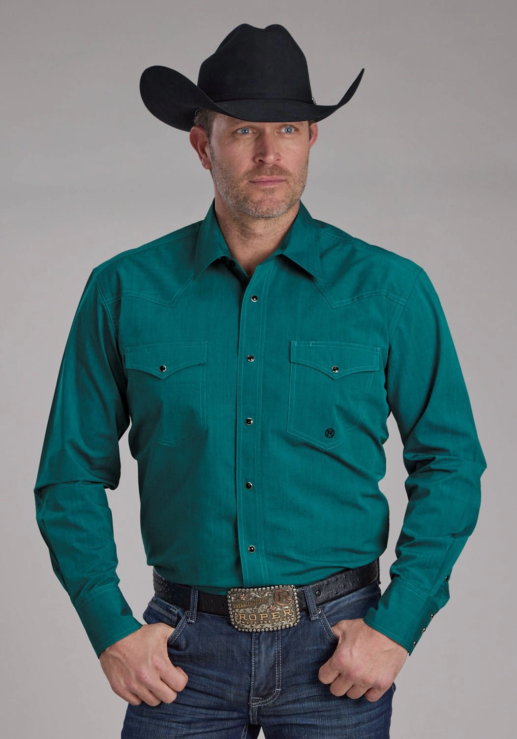 Backpacking Trip Roper Mens 2249 Black Fill Teal 100% Cotton L/S Shirt