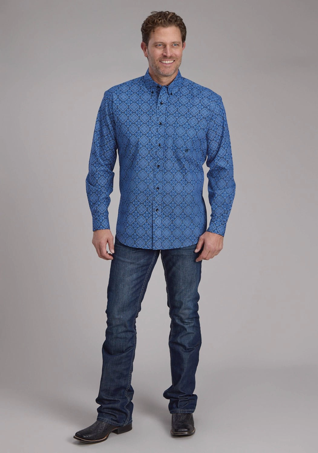 Roper Mens 2251 Sapphire Ornamental Blue 100% Cotton 1 Pkt L/S Shirt Errand Ready Embroidered Logo