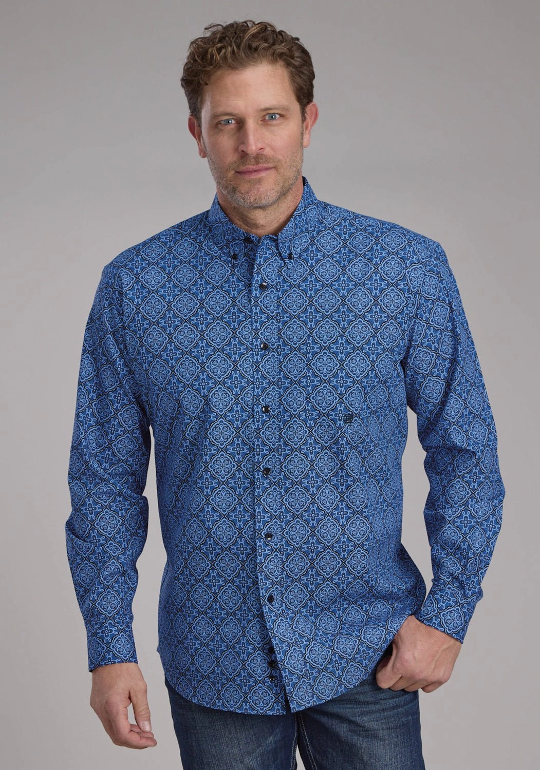 Roper Mens 2251 Sapphire Ornamental Blue 100% Cotton 1 Pkt L/S Shirt Flex Fit Collar Customizable Option