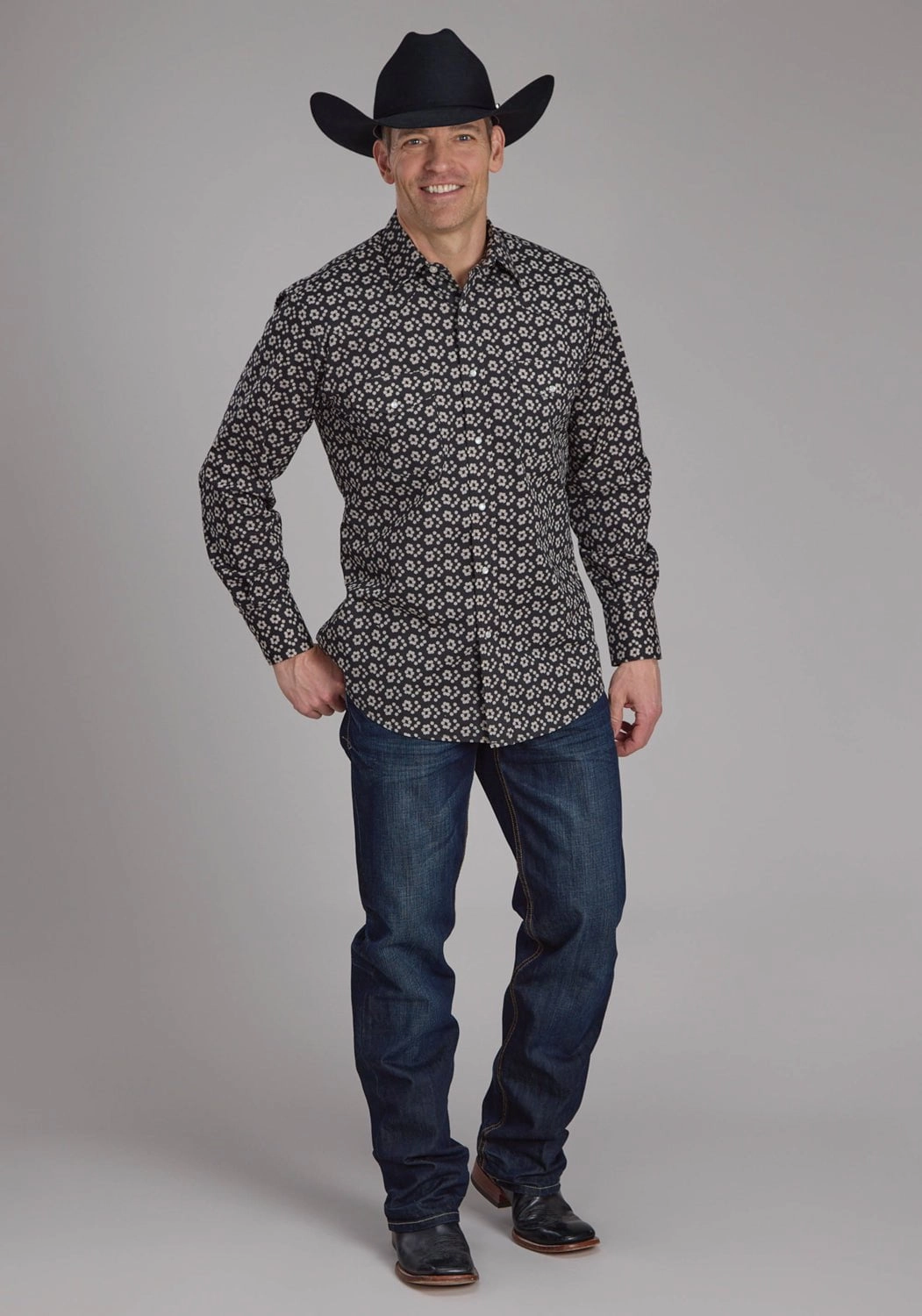 Roper Mens 2286 Floral Black/Cream Cotton Blend L/S Shirt Cocktail Event