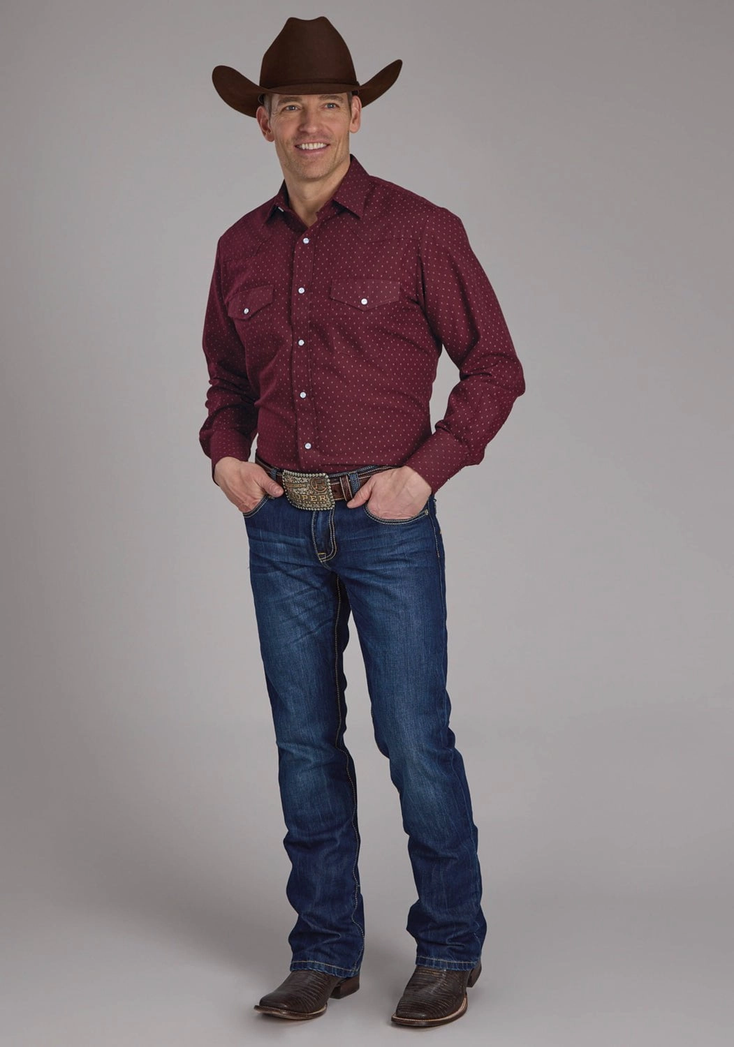 Roper Mens 2287 Dot Print Wine Cotton Blend L/S Shirt Sleek Silhouette