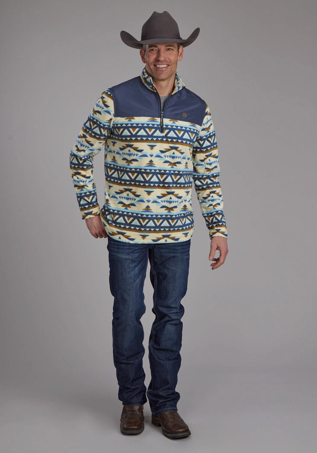 Unstructured Shoulder Youthful Style Roper Mens 2321 Aztec Print Cream/Blue Fleece Pullover Sweater