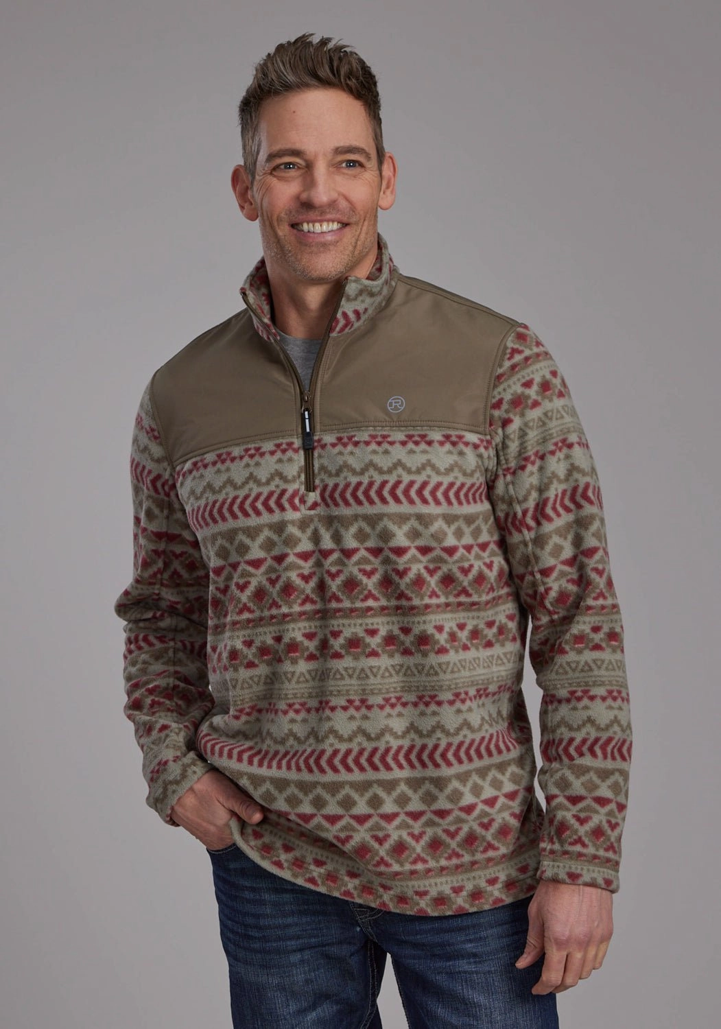 Bold Graphics Versatile Piece Roper Mens 2321 Aztec Print Red/Olive Fleece Pullover Sweater