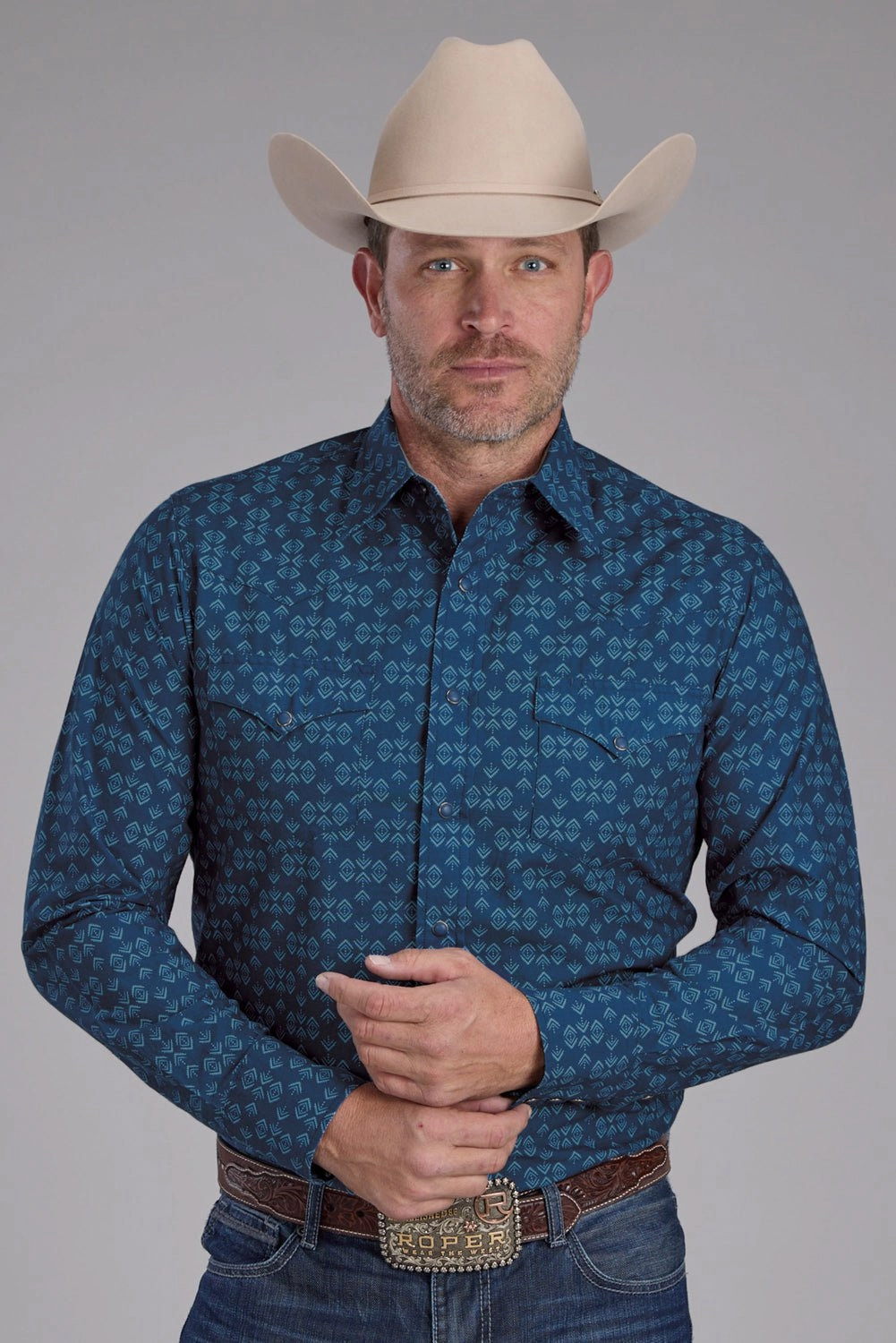 Wrinkle-Resistant Polished Finish Roper Mens 2350 Diamond Print Blue 100% Cotton L/S Shirt