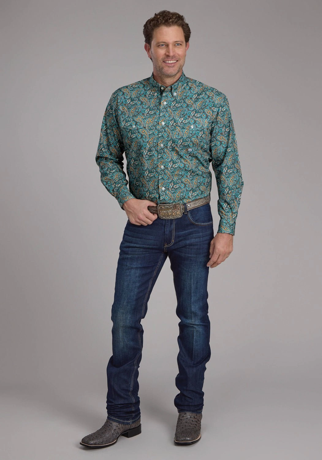 Sustainable fashion Roper Mens 2382 Dusk Paisley Turquoise 100% Cotton Btn L/S Shirt