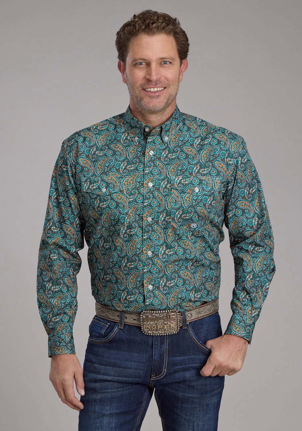 Roper Mens 2382 Dusk Paisley Turquoise 100% Cotton Btn L/S Shirt Durable Button Closures Sophisticated Style