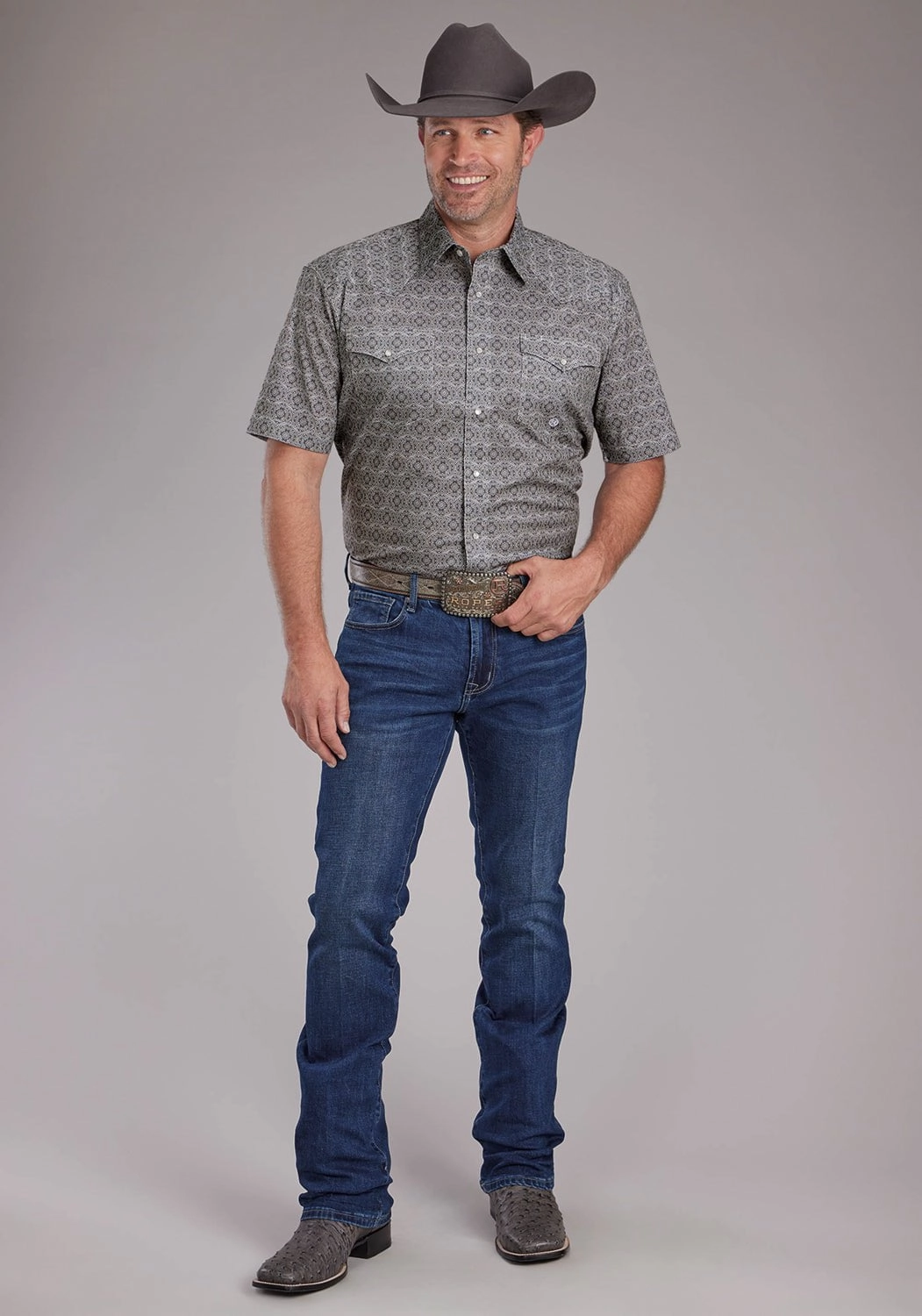 Roper Mens 2383 Medallion Paisley Grey Cotton Blend S/S Shirt garden party