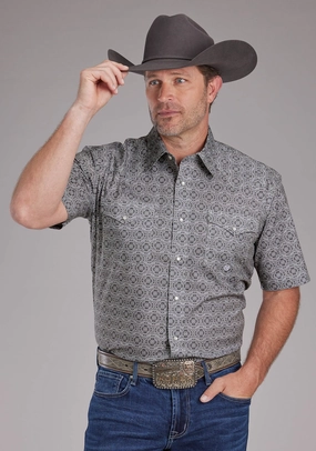 Work From Home Roper Mens 2383 Medallion Paisley Grey Cotton Blend S/S Shirt