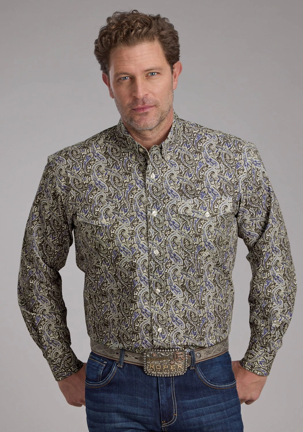 Lightweight texture Roper Mens 2383 Paisley Stone 100% Cotton Btn L/S Shirt