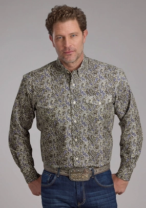 Roper Mens 2383 Paisley Stone 100% Cotton Btn L/S Shirt Tagless Design Vintage Wash