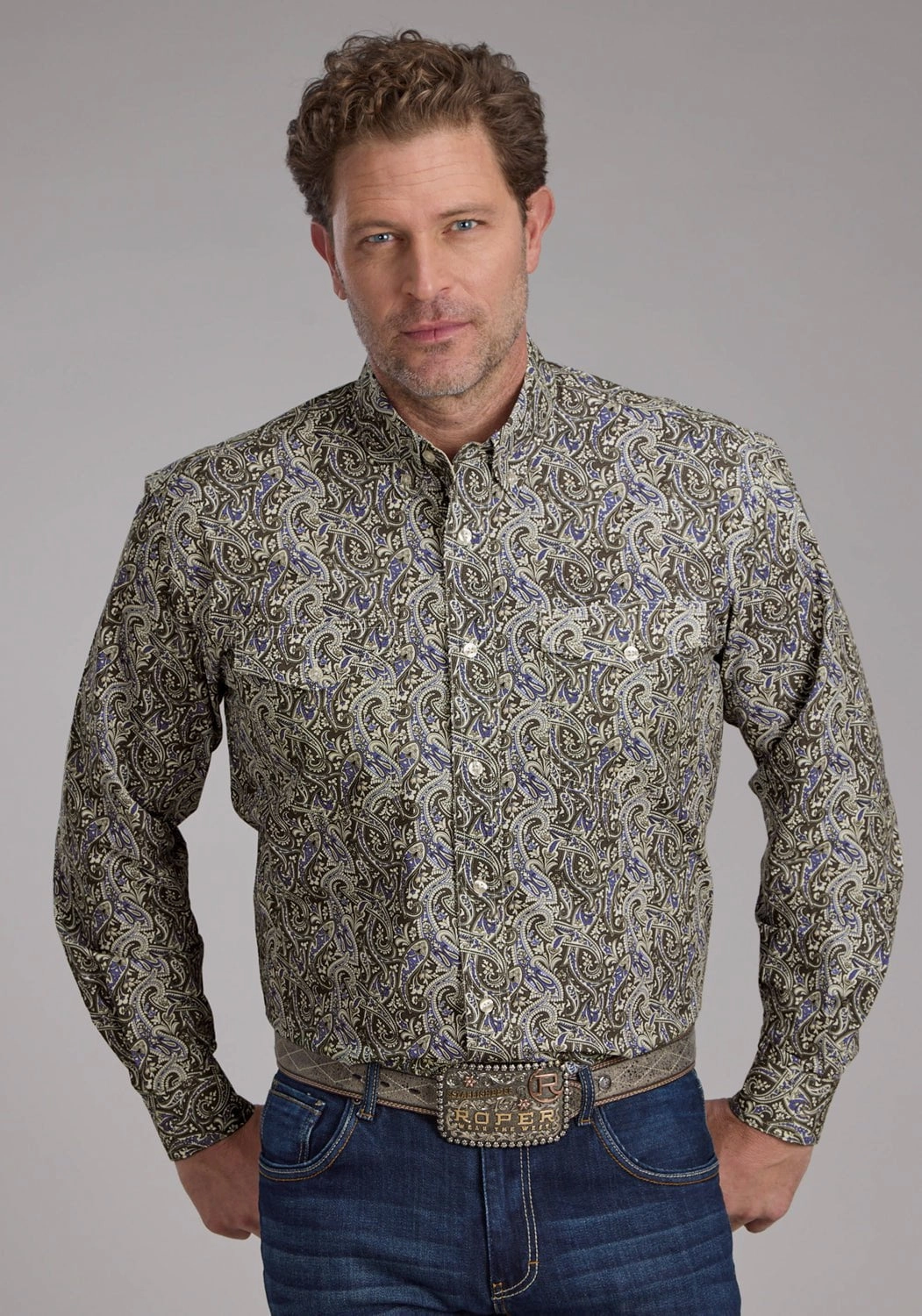 Roper Mens 2383 Paisley Stone 100% Cotton Btn L/S Shirt Tagless Design Vintage Wash