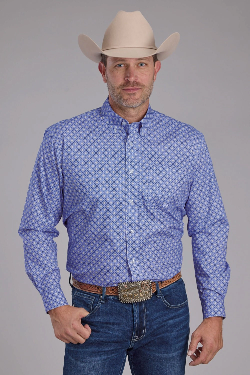 Performance Fabric Gym Wear Roper Mens 2385 Foulard Periwinkle 100% Cotton 1 Pkt L/S Shirt