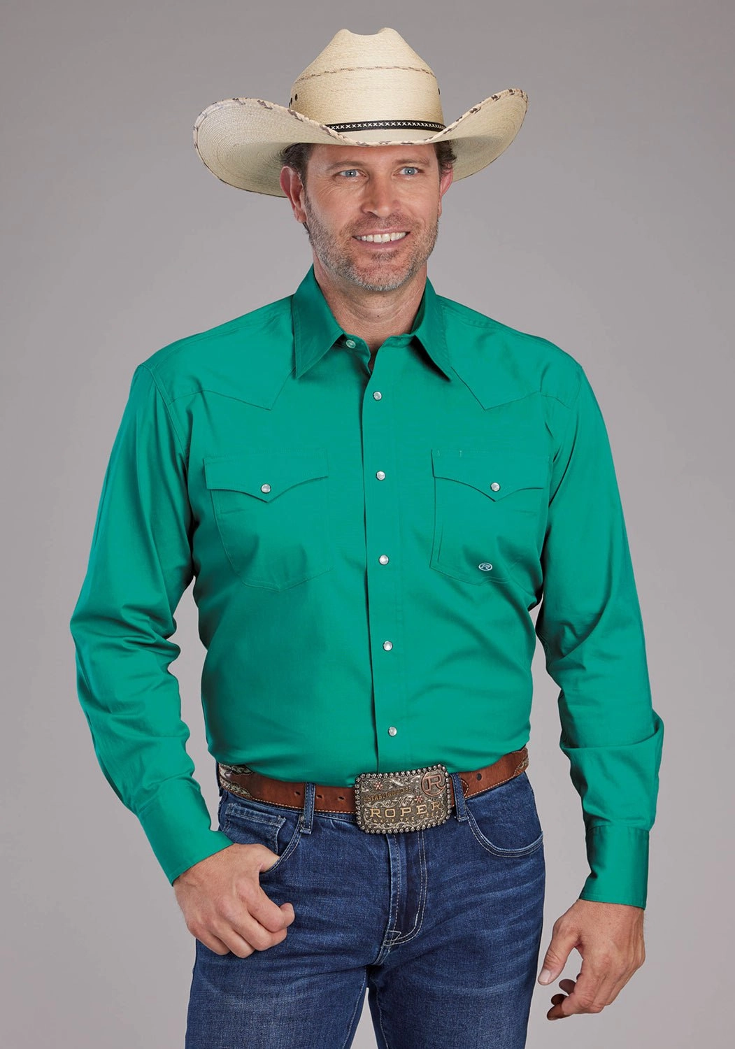 Classic Appeal Roper Mens 2388 Poplin Stretch Jade Green Cotton Blend L/S Shirt