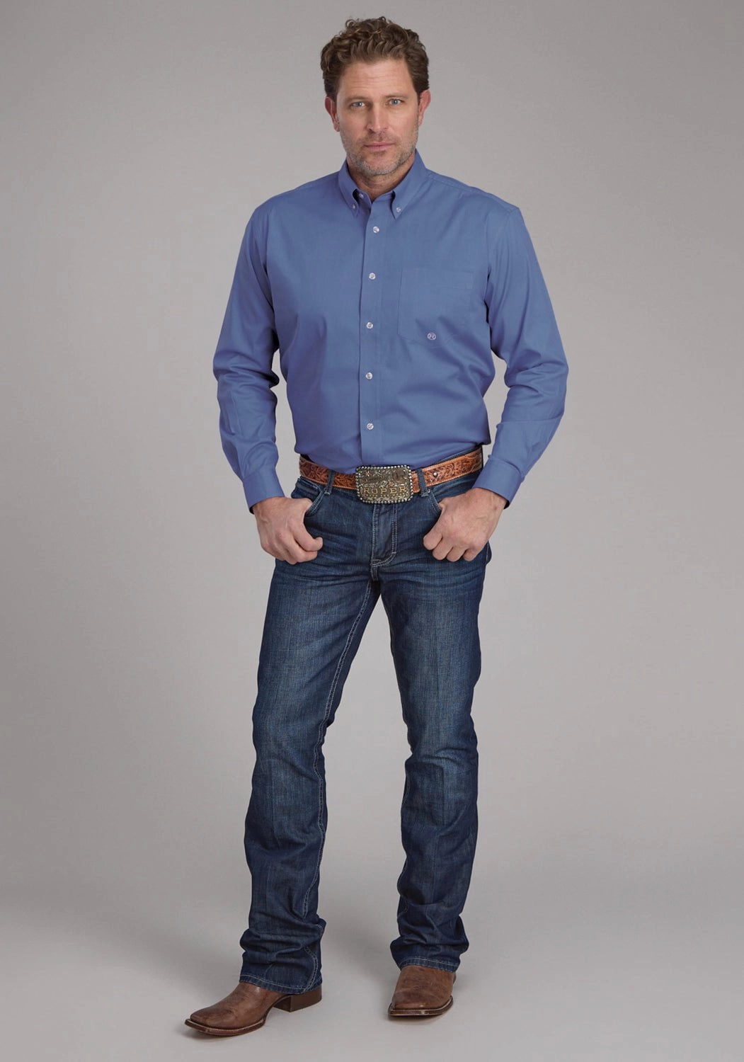 Layering Piece Roper Mens 2388 Solid Poplin Periwinkle Cotton Blend 1 Pkt L/S Shirt