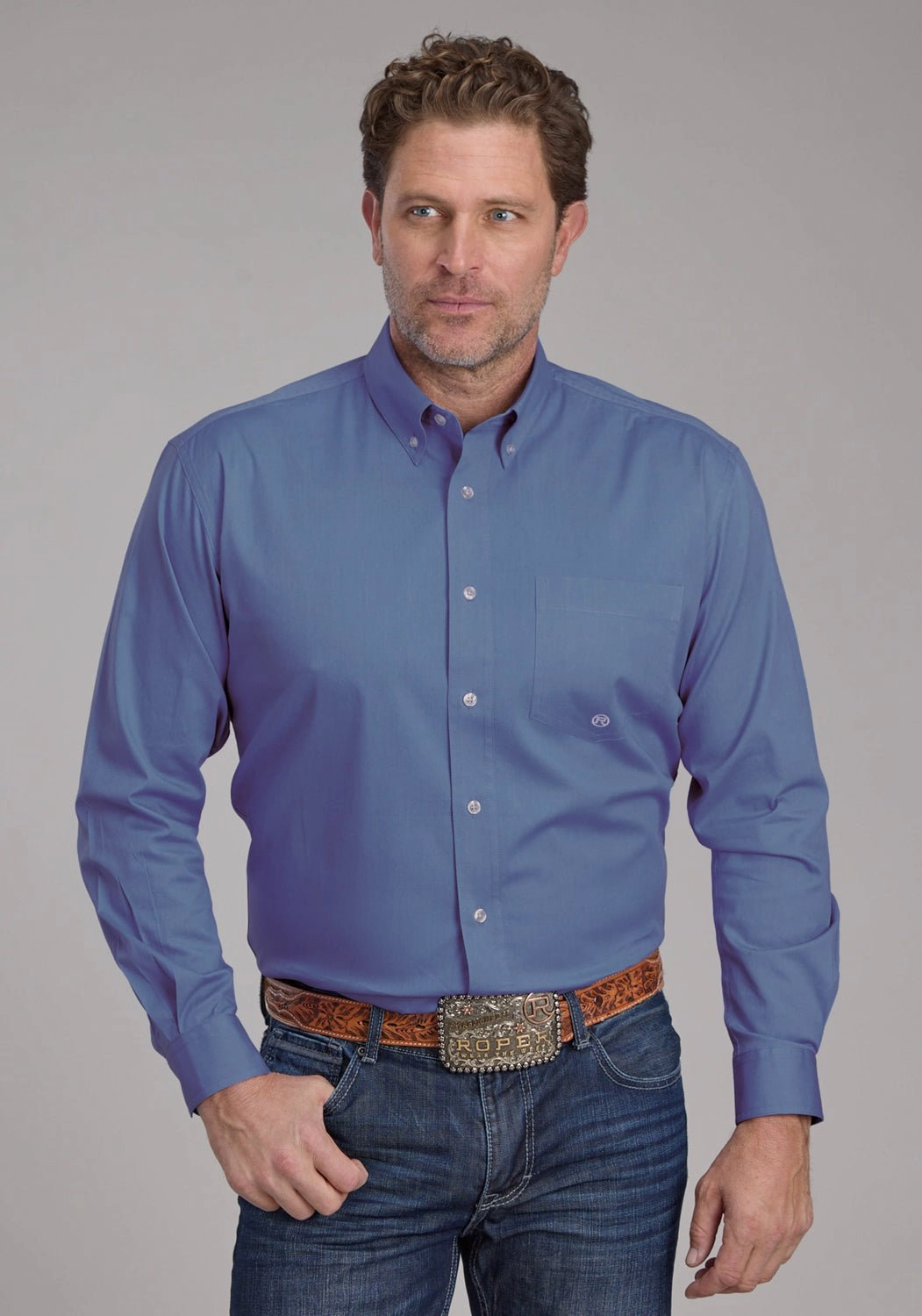 Perfect Fit Customizable Option Roper Mens 2388 Solid Poplin Periwinkle Cotton Blend 1 Pkt L/S Shirt