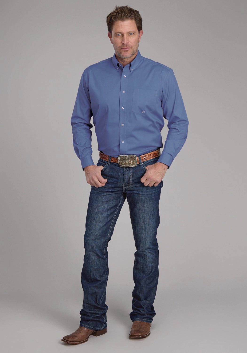 Roper Mens 2388 Solid Poplin Periwinkle Cotton Blend 1 Pkt L/S Shirt Local Favorite