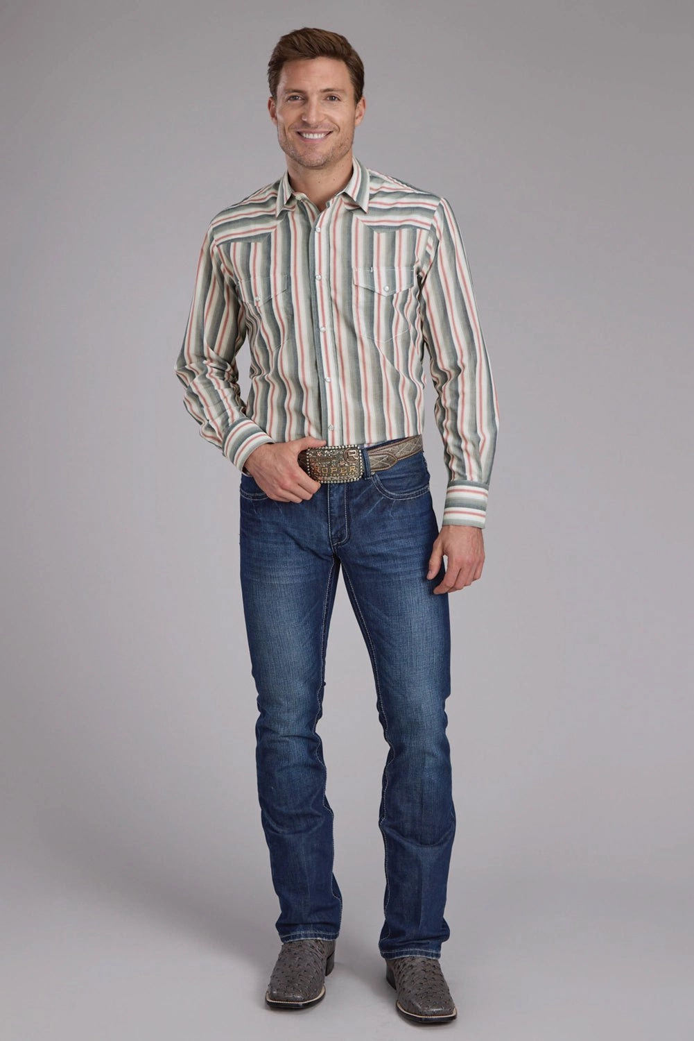Versatile Outfit Roper Mens 2403 Ombre Stripe Navy/White Cotton Blend L/S Shirt