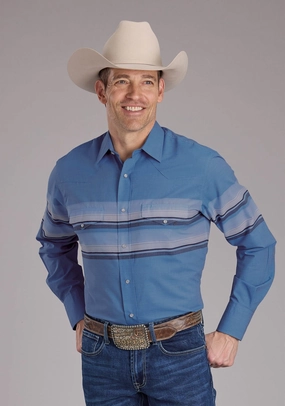 Roper Mens 2404 Border Stripe Blue Cotton Blend L/S Shirt Earthy Palette Ventilated Back Panel