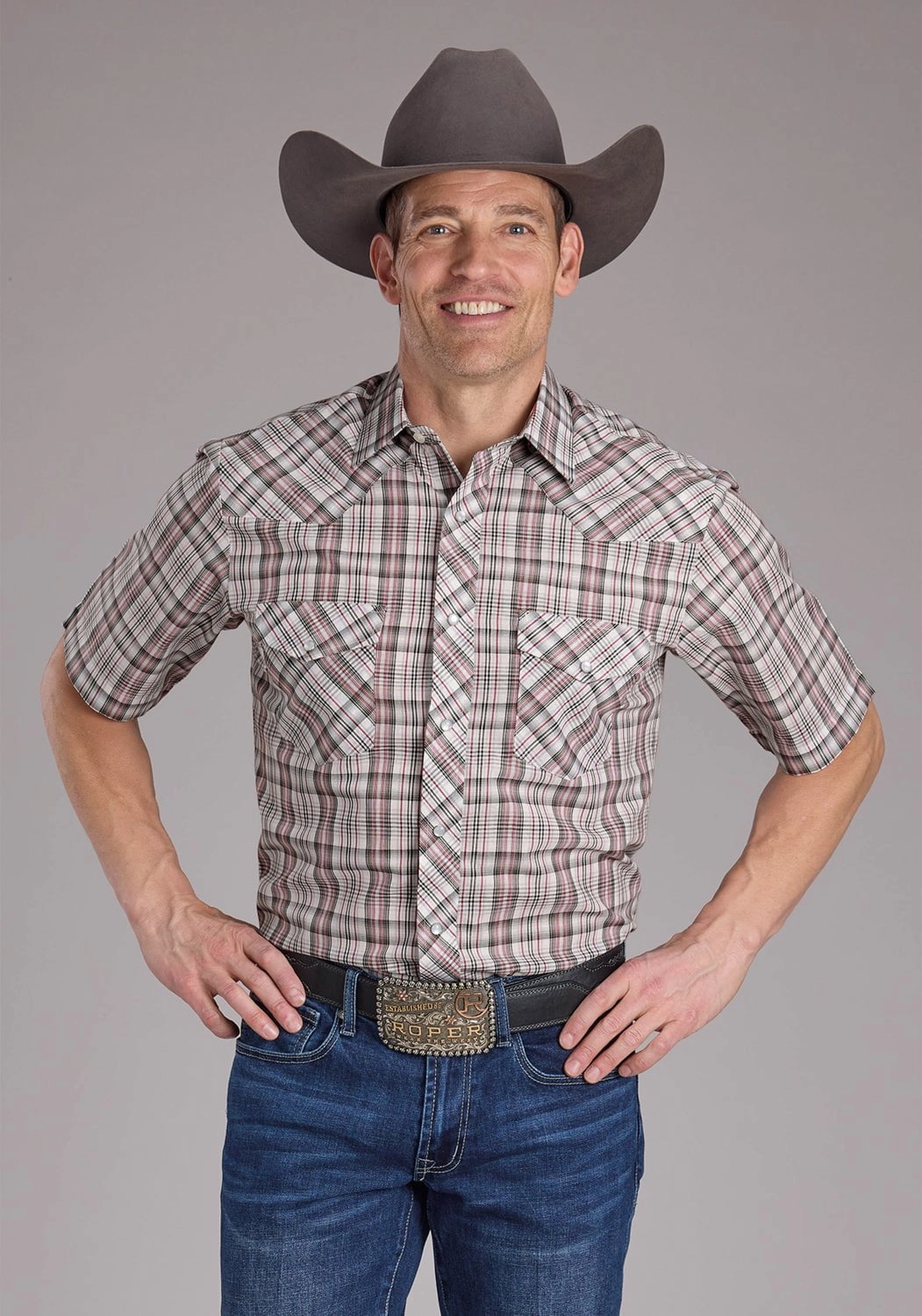 Roper Mens 2409 Plaid White/Grey Cotton Blend S/S Shirt Weekend Adventure