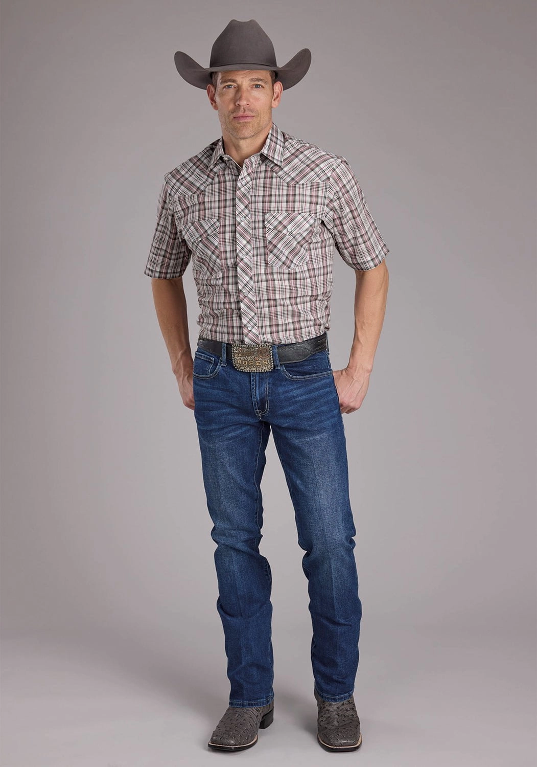 Formal Elegance Roper Mens 2409 Plaid White/Grey Cotton Blend S/S Shirt