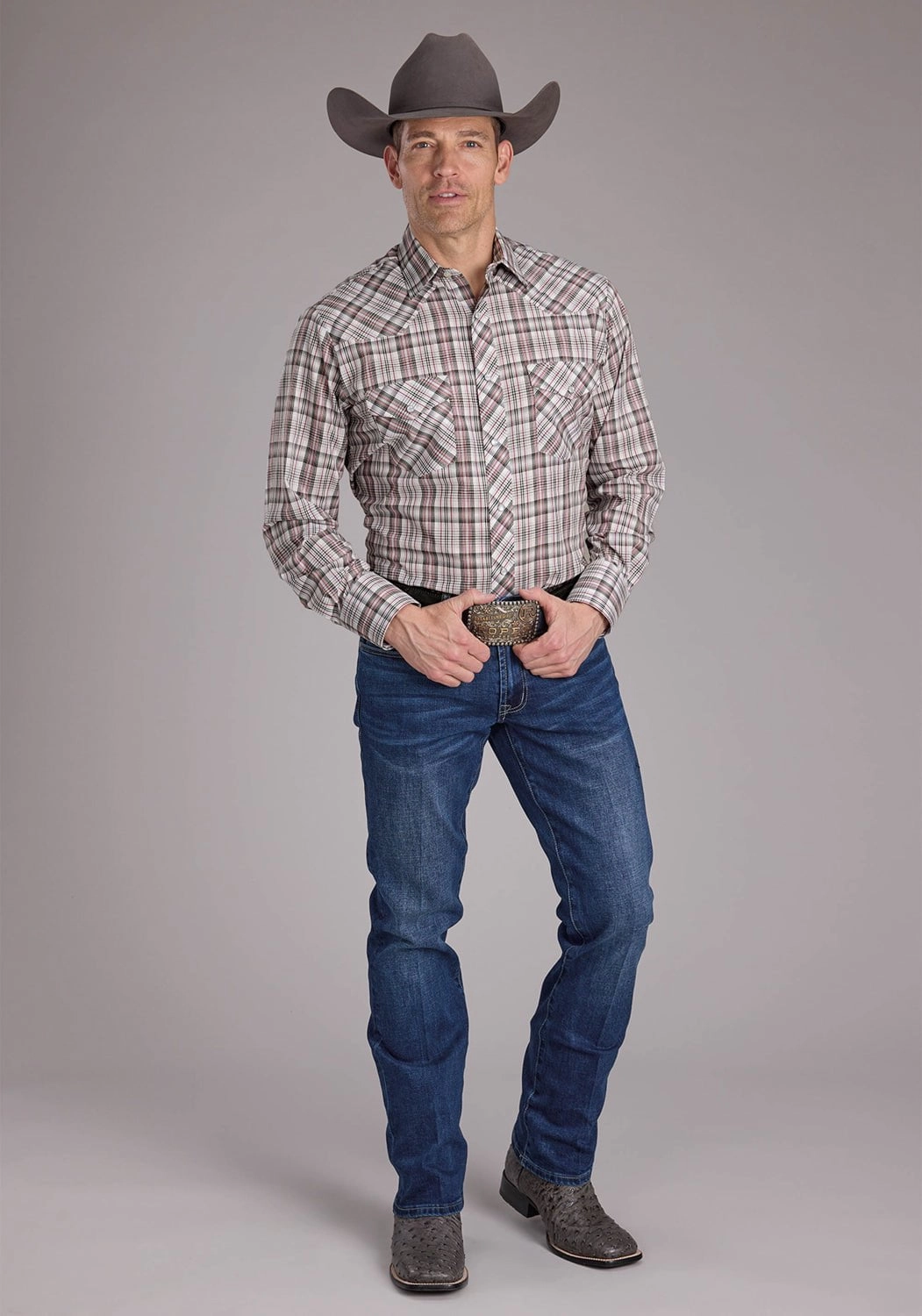 Picnic Outfit Waffle Weave Roper Mens 2409 Plaid White/Red Cotton Blend L/S Shirt