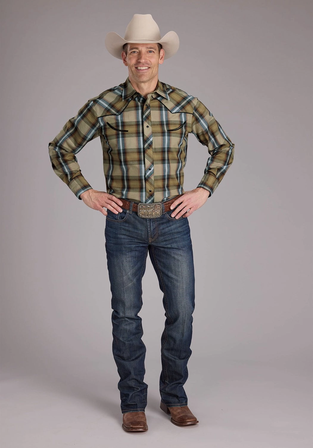 Roper Mens 2410 Plaids Tan Cotton Blend Fancy Leaves L/S Shirt Minimalist fashion Thermoregulating Layer