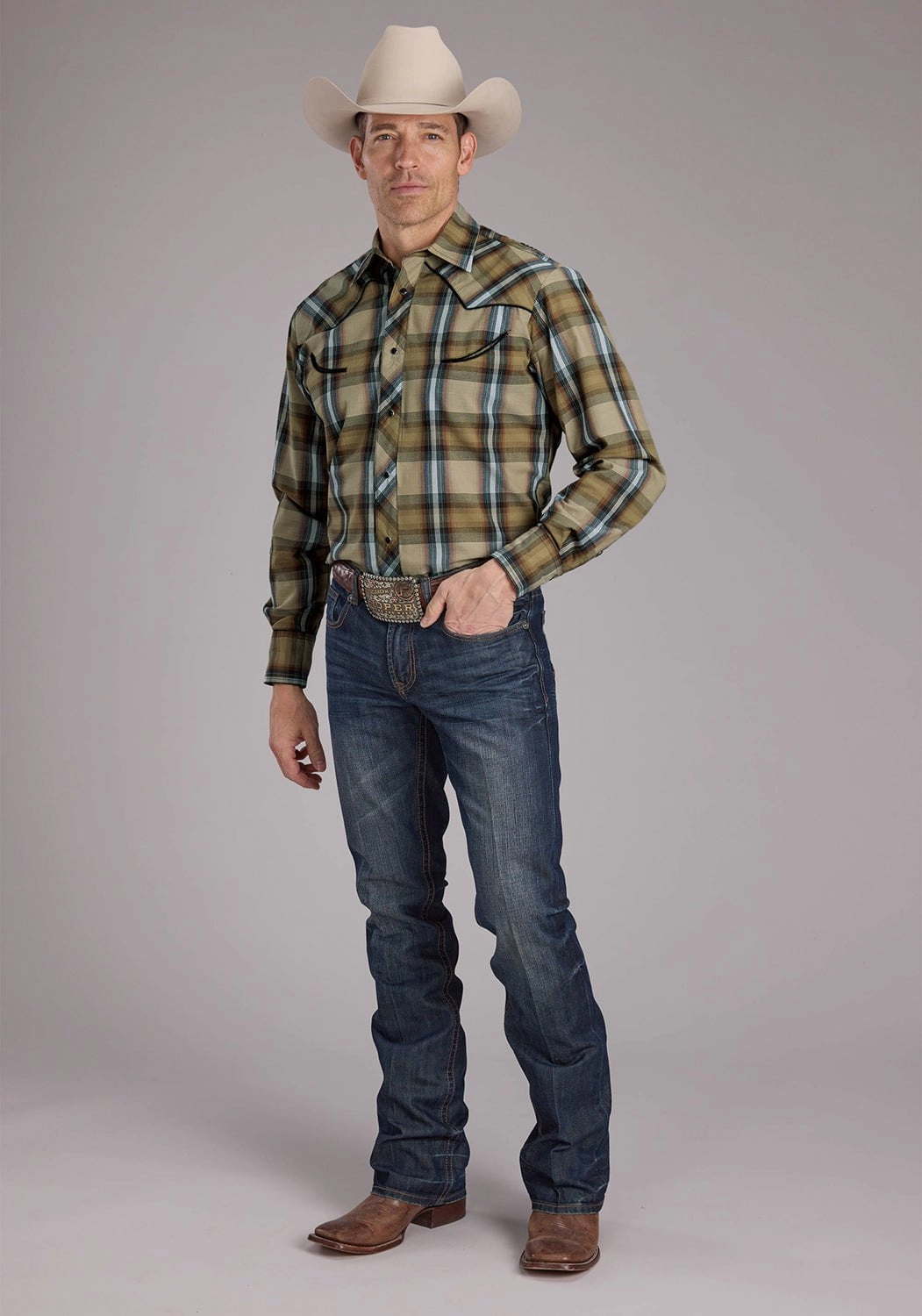 Roper Mens 2410 Plaids Tan Cotton Blend Fancy Leaves L/S Shirt Odor Control Technology