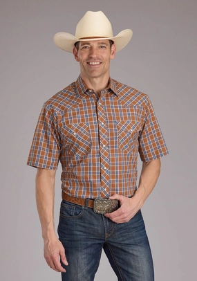 Roper Mens 2411 Plaid Rust Cotton Blend S/S Shirt Flexible Mobility